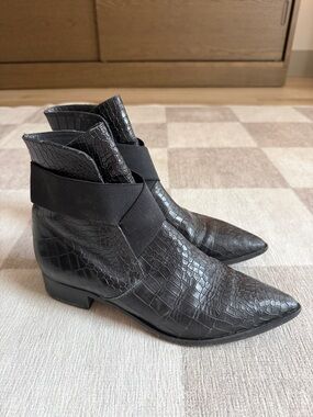 Napoleoni Black Croc-Embossed Pointed Toe Ankle Boots